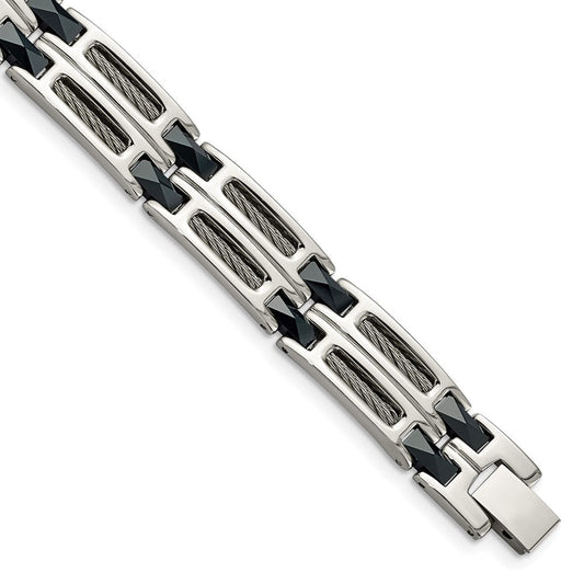 Chisel Stainless Steel Polished with Dark Blue Ceramic and Cable Inlay 8.75 inch Link Bracelet SRB338-8.75