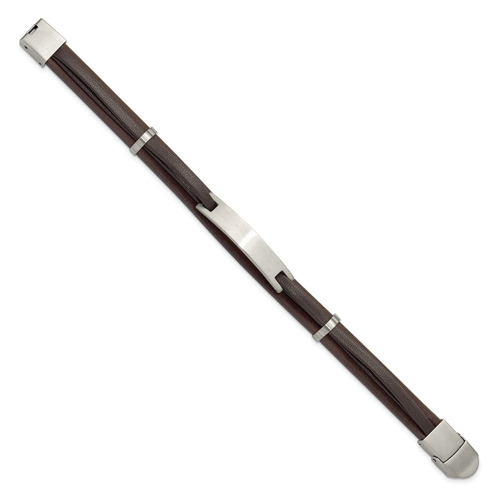 Chisel Stainless Steel Brushed Brown Leather 8.5 inch ID Bracelet SRB3385-8.5