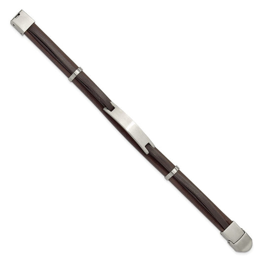 Chisel Stainless Steel Brushed Brown Leather 8.5 inch ID Bracelet SRB3385-8.5
