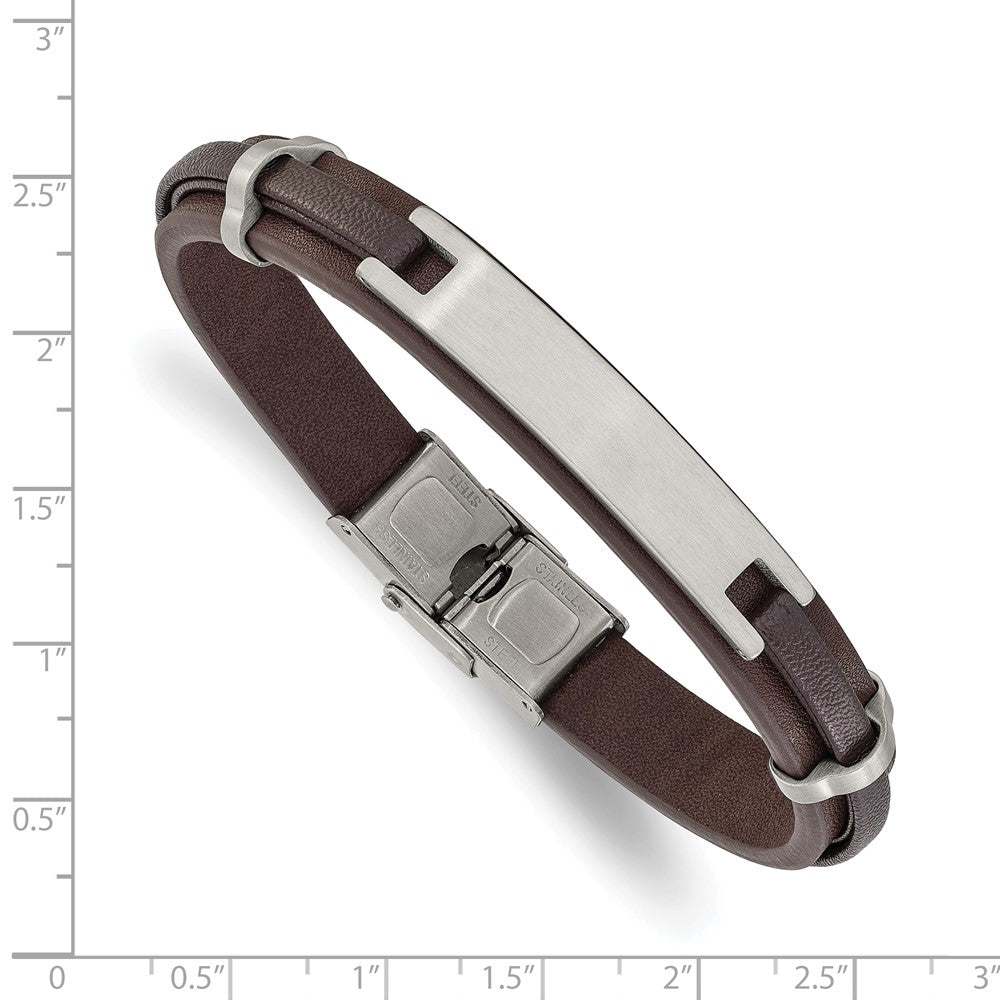 Chisel Stainless Steel Brushed Brown Leather 8.5 inch ID Bracelet SRB3385-8.5