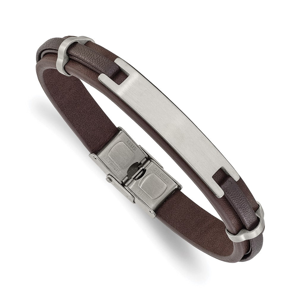 Chisel Stainless Steel Brushed Brown Leather 8.5 inch ID Bracelet SRB3385-8.5