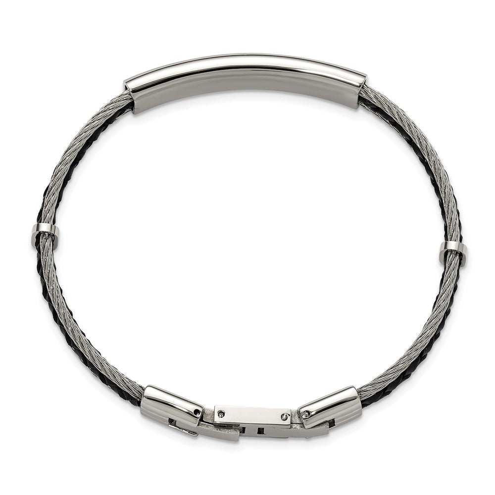Chisel Stainless Steel Brushed and Polished Wire and Braided Black Leather 6.75 inch Plus a .5 inch Extension ID Bracelet SRB3390-6.75