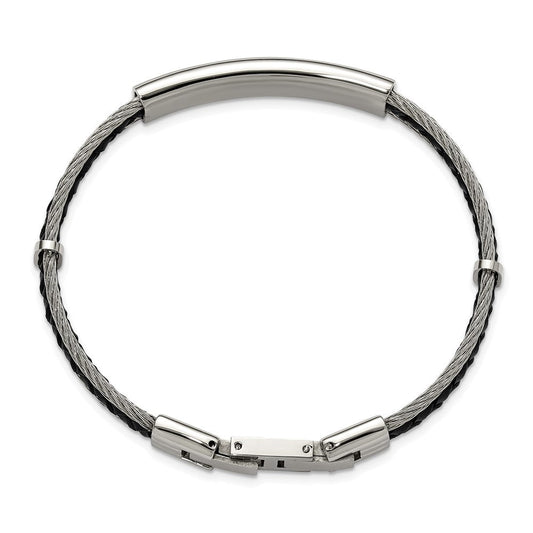 Chisel Stainless Steel Brushed and Polished Wire and Braided Black Leather 6.75 inch Plus a .5 inch Extension ID Bracelet SRB3390-6.75