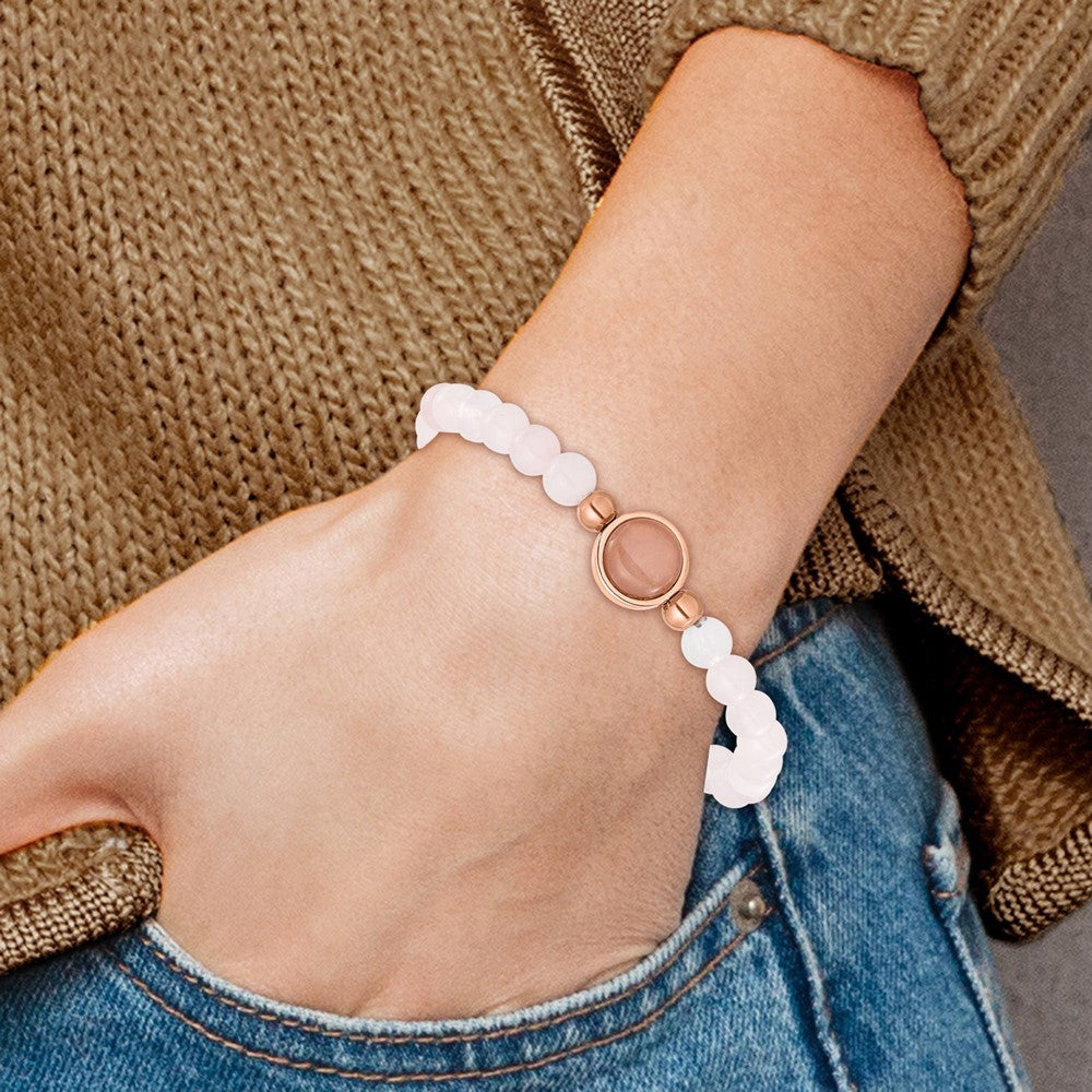 Chisel Stainless Steel Polished Rose IP-plated 6mm Pink Crystal Beaded 7 inch Stretch Bracelet SRB3403