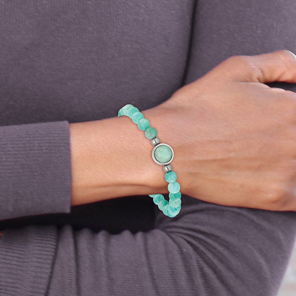 Chisel Stainless Steel Polished 6.5mm China Amazonite Beaded 7 inch Stretch Bracelet SRB3404
