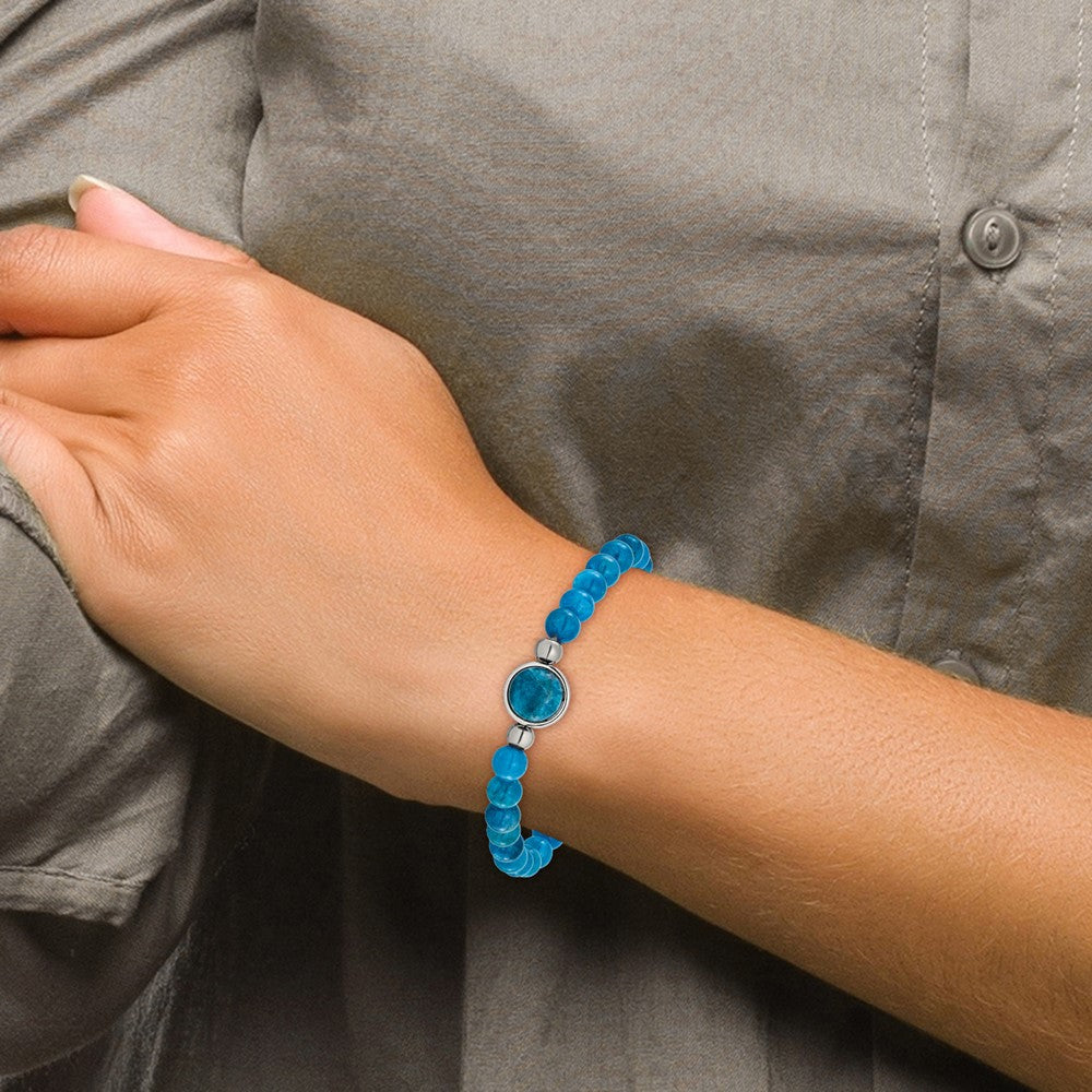 Chisel Stainless Steel Polished 6mm Blue Apatite Beaded 7 inch Stretch Bracelet SRB3406