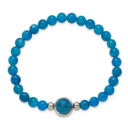 Chisel Stainless Steel Polished 6mm Blue Apatite Beaded 7 inch Stretch Bracelet SRB3406