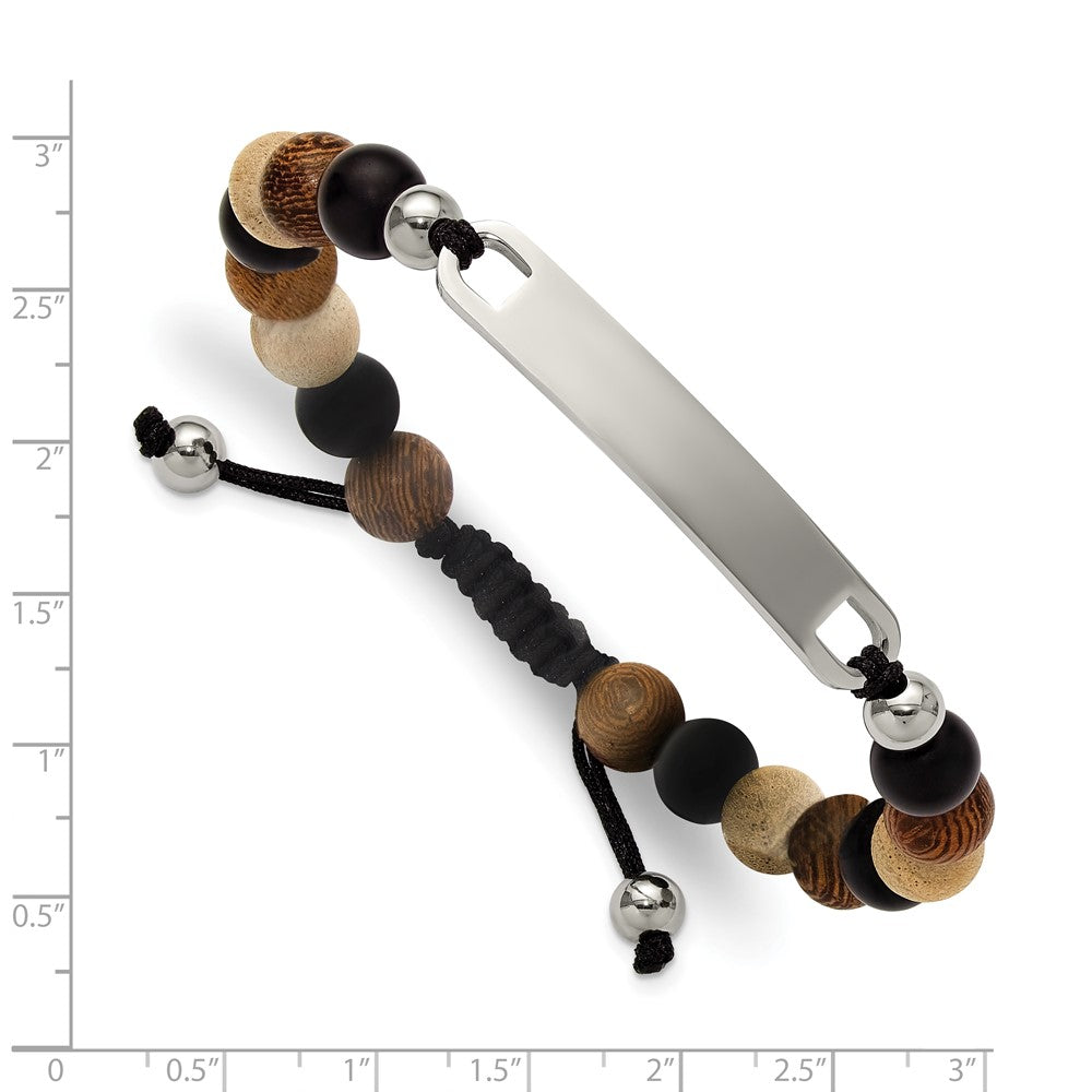 Chisel Stainless Steel Polished Camphor, Tigerwood and Onyx Beaded Black Nylon 6.75 inch to 8.5 inch Adjustable ID Bracelet SRB3407