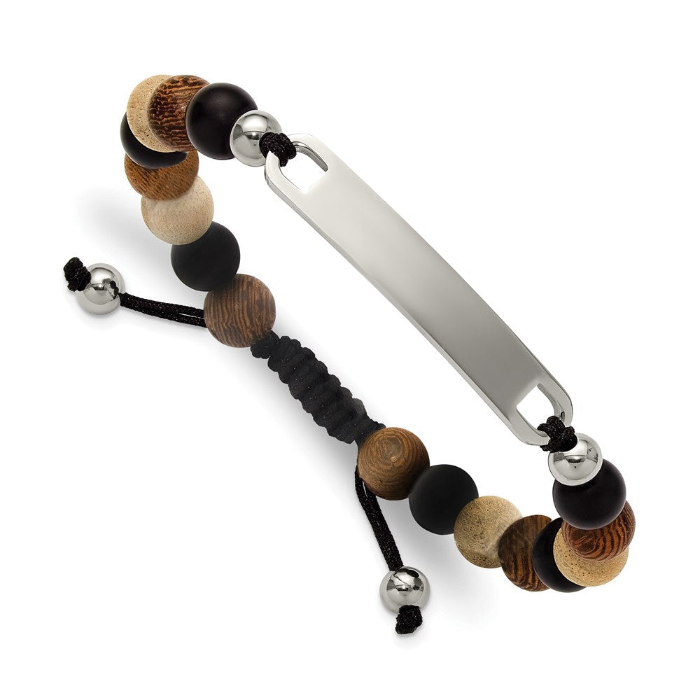 Chisel Stainless Steel Polished Camphor, Tigerwood and Onyx Beaded Black Nylon 6.75 inch to 8.5 inch Adjustable ID Bracelet SRB3407