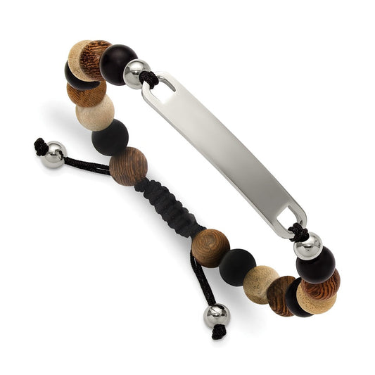 Chisel Stainless Steel Polished Camphor, Tigerwood and Onyx Beaded Black Nylon 6.75 inch to 8.5 inch Adjustable ID Bracelet SRB3407