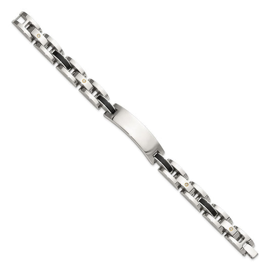 Chisel Stainless Steel Polished with 14K Gold Accent and 1/15ct. Diamond and Onyx 8.75 inch ID Bracelet SRB3411-8.75