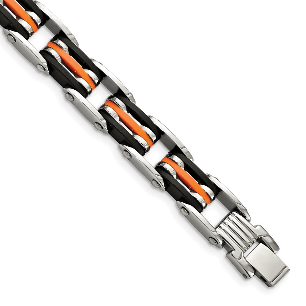 Chisel Stainless Steel Polished with Blakc and Orange Rubber 8.5 inch Link Bracelet SRB469-8.5