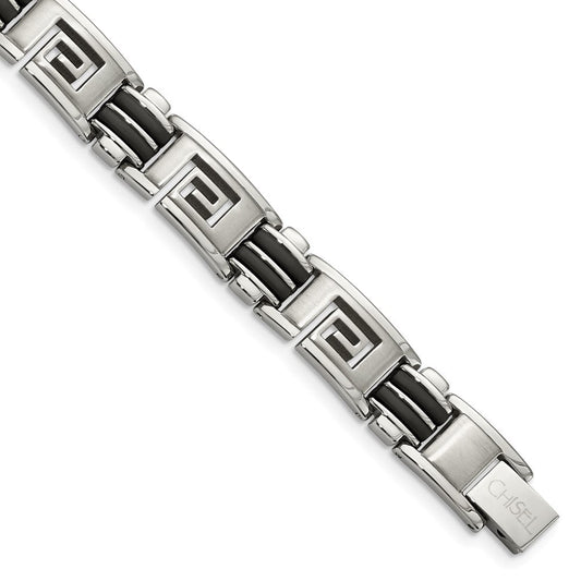 Chisel Stainless Steel Brushed and Polished Black Rubber Inlay Greek Key 8.5 inch Bracelet SRB480-8.5