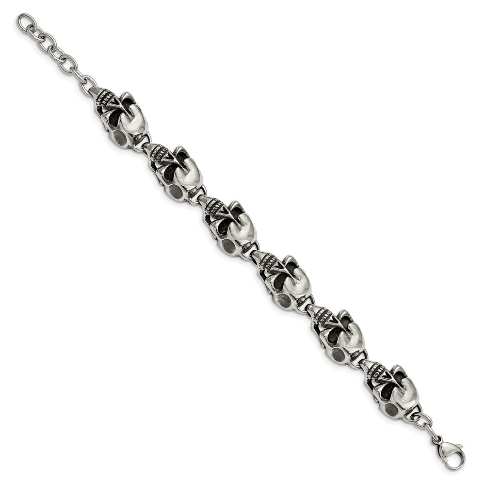 Chisel Stainless Steel Antiqued and Polished Skull Link 8.5 inch Bracelet SRB795-8.5