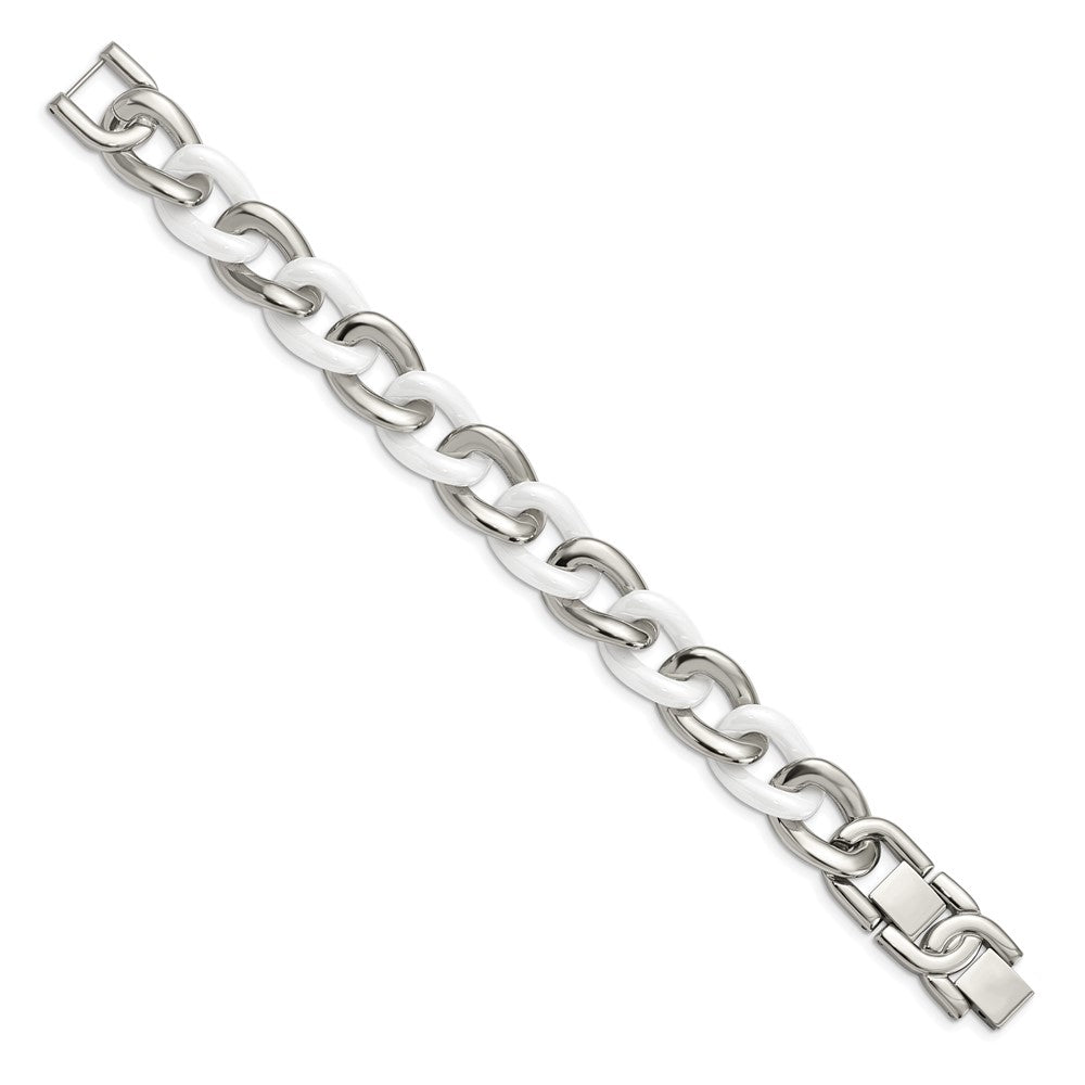 Chisel Stainless Steel Polished with White Ceramic 7.5 inch Curb Link Bracelet with 1 inch Extension SRB804-7.5