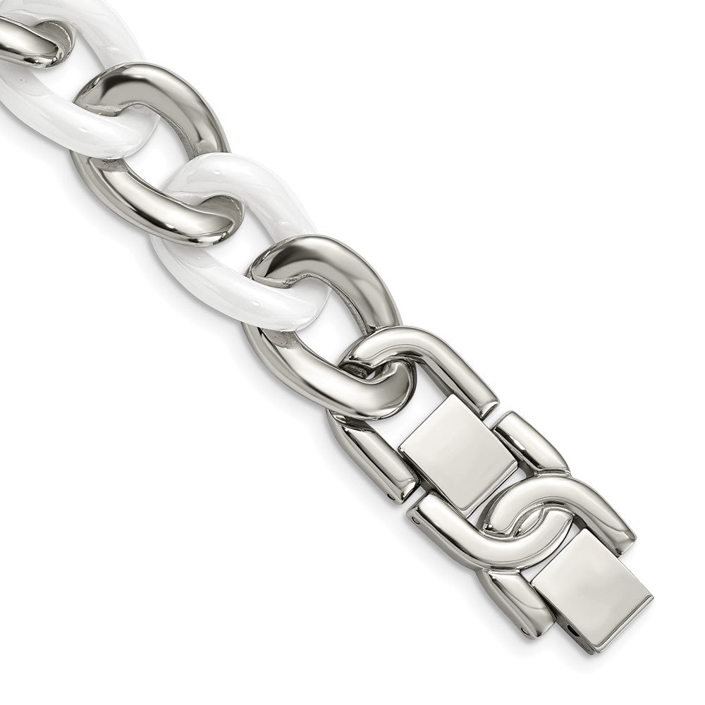 Chisel Stainless Steel Polished with White Ceramic 7.5 inch Curb Link Bracelet with 1 inch Extension SRB804-7.5