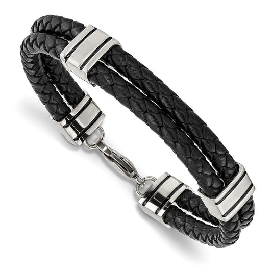 Chisel Stainless Steel Polished Braided 2 Strand Black Braided Leather 9 inch Bracelet SRB869-9