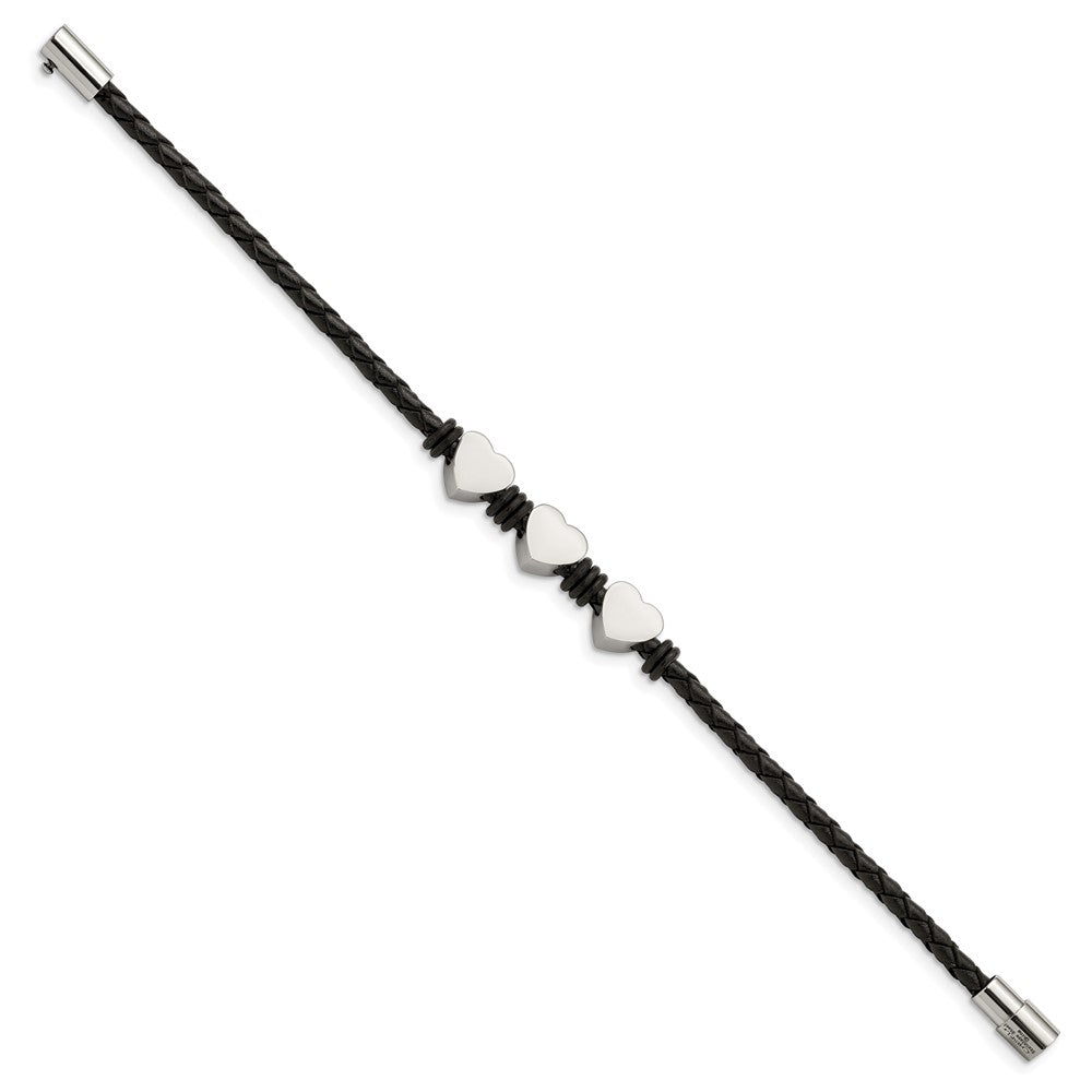 Chisel Stainless Steel Polished Hearts Black Braided Leather and Rubber 7.5 inch Bracelet SRB871-7.5