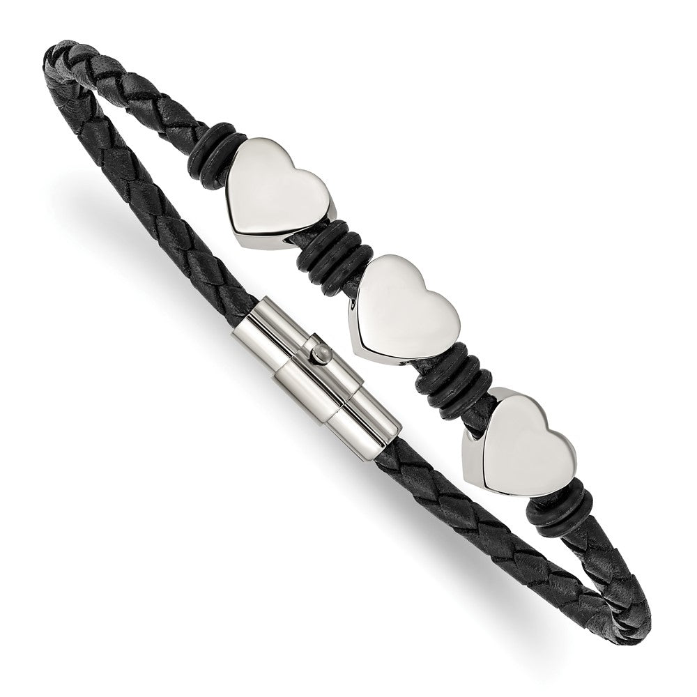 Chisel Stainless Steel Polished Hearts Black Braided Leather and Rubber 7.5 inch Bracelet SRB871-7.5