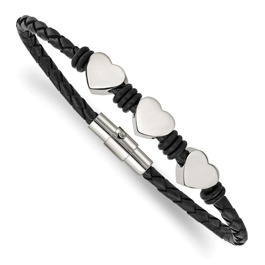 Chisel Stainless Steel Polished Hearts Black Braided Leather and Rubber 7.5 inch Bracelet SRB871-7.5