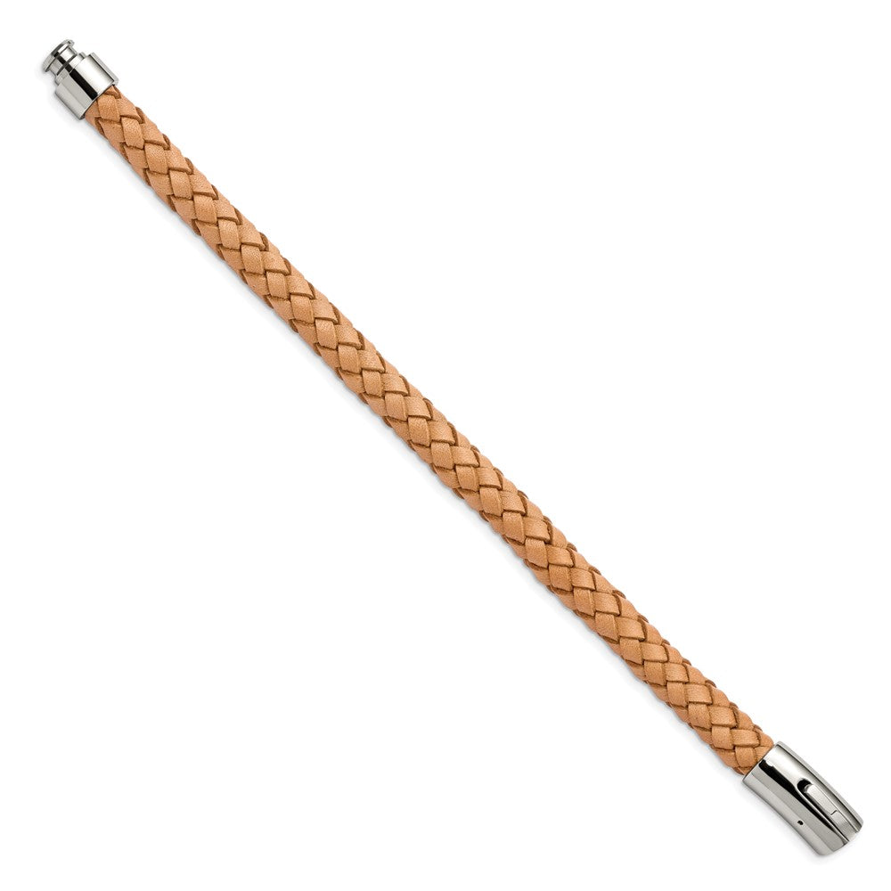 Chisel Stainless Steel Polished Light Tan Braided Leather 8.5 inch Bracelet SRB978-8.5
