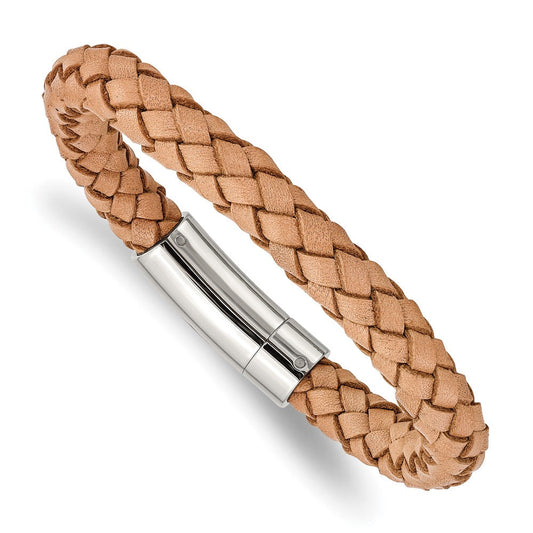 Chisel Stainless Steel Polished Light Tan Braided Leather 8.5 inch Bracelet SRB978-8.5