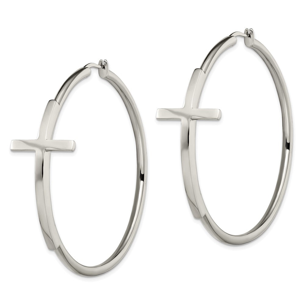SRE1040 Chisel Stainless Steel Polished Large Cross Hoop Earrings