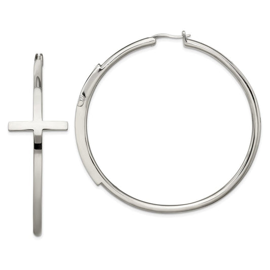 SRE1040 Chisel Stainless Steel Polished Large Cross Hoop Earrings