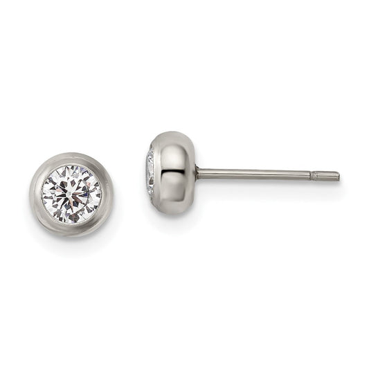 SRE1068 Chisel Stainless Steel Polished 4mm Bezel CZ Stud Post Earrings