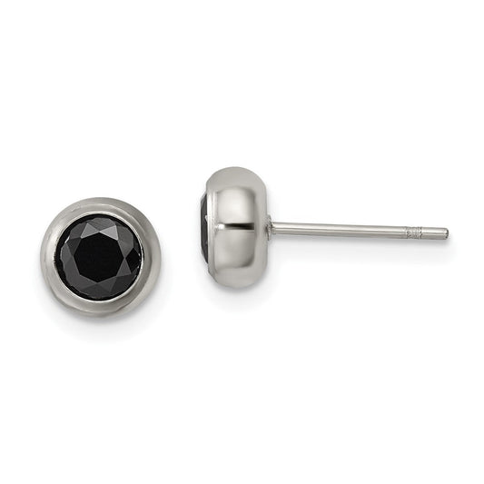 SRE1073 Chisel Stainless Steel Polished 5mm Bezel Black CZ Stud Post Earrings