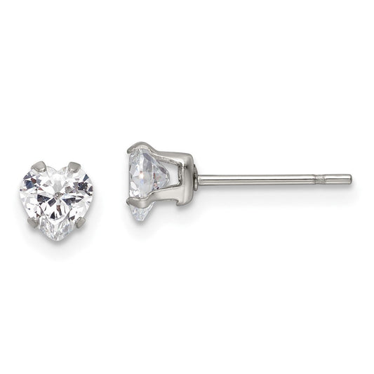 SRE1076 Chisel Stainless Steel Polished 5mm Heart CZ Stud Post Earrings