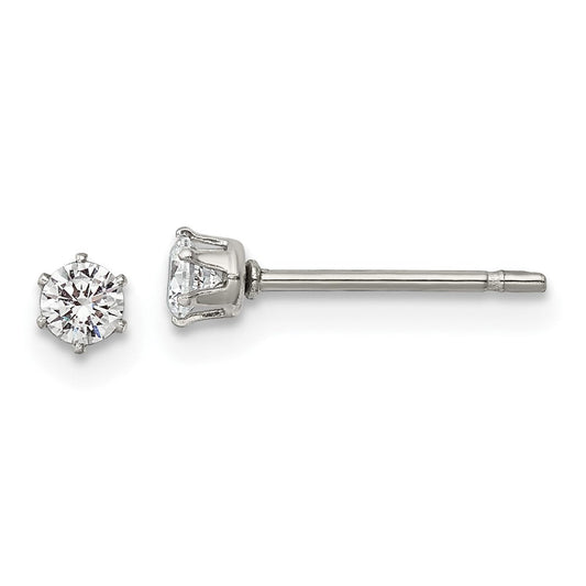 SRE1086 Chisel Stainless Steel Polished 3mm Round CZ Stud Post Earrings
