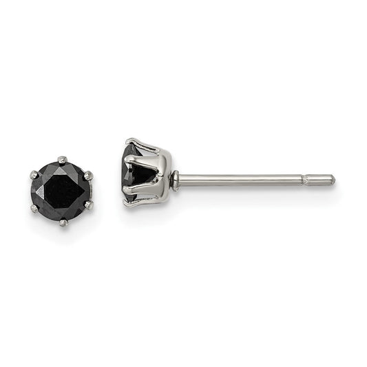 SRE1092 Chisel Stainless Steel Polished 4mm Black Round CZ Stud Post Earrings