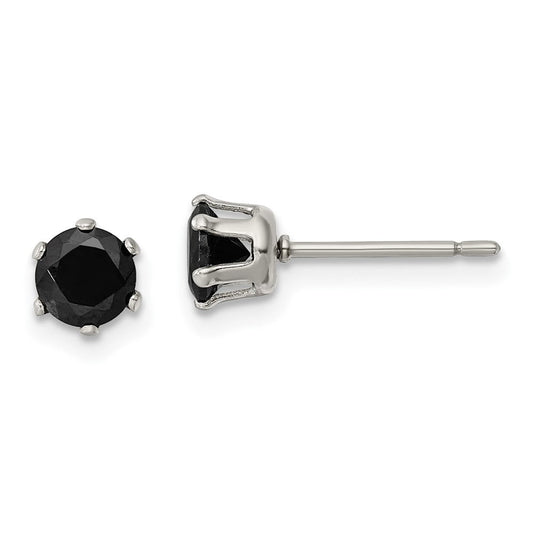 SRE1093 Chisel Stainless Steel Polished 5mm Black Round CZ Stud Post Earrings