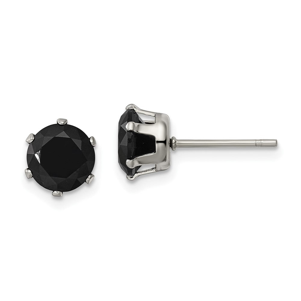 SRE1094 Chisel Stainless Steel Polished 7mm Black Round CZ Stud Post Earrings
