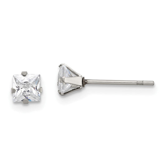 SRE1100 Chisel Stainless Steel Polished 4mm Square CZ Stud Post Earrings