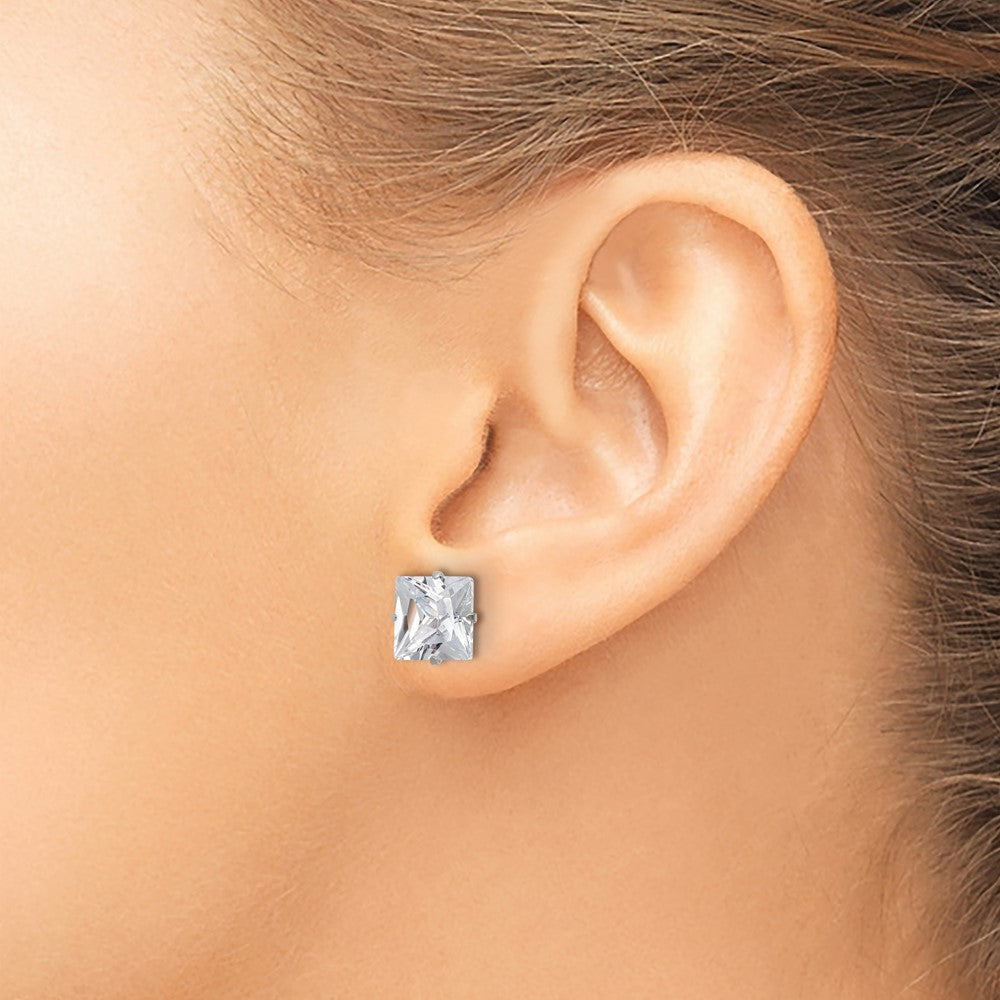 SRE1104 Chisel Stainless Steel Polished 8mm Square CZ Stud Post Earrings