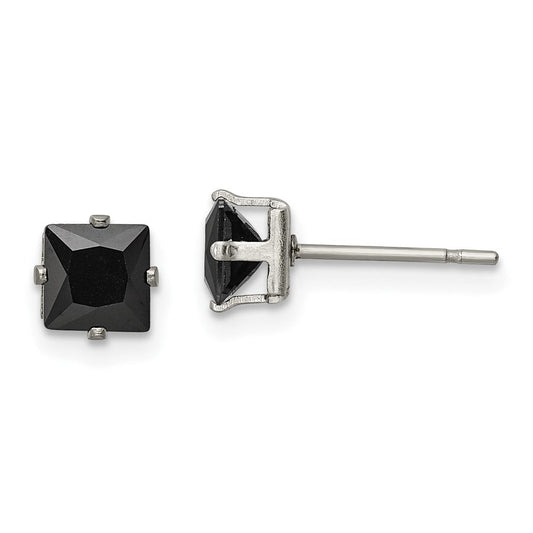 SRE1110 Chisel Stainless Steel Polished 5mm Black Square CZ Stud Post Earrings