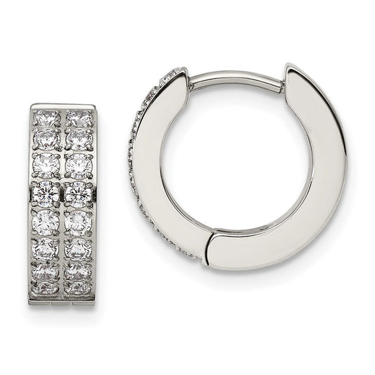 SRE1142 Chisel Stainless Steel Polished with 2 Rows of CZ 2.3mm Hinged Hoop Earrings
