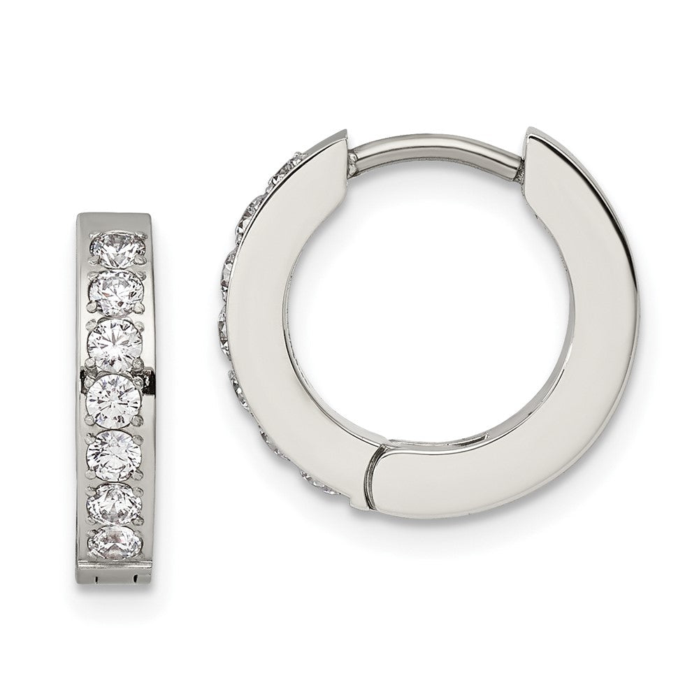 SRE1143 Chisel Stainless Steel Polished with 1 Row of CZ 2.3mm Hinged Hoop Earrings