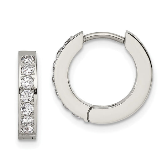 SRE1143 Chisel Stainless Steel Polished with 1 Row of CZ 2.3mm Hinged Hoop Earrings
