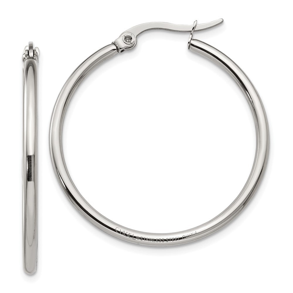 SRE115 Chisel Stainless Steel Polished 32.5mm Diameter 2mm Hoop Earrings
