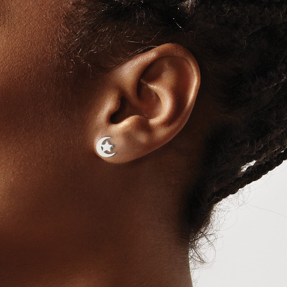 SRE1208S Chisel Stainless Steel Polished Moon and Star Post Earrings