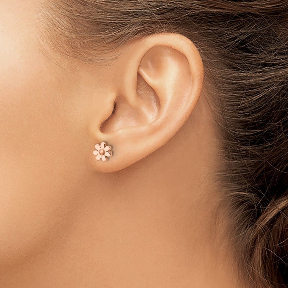 SRE1209 Chisel Stainless Steel Polished Rose IP-plated Flower Post Earrings