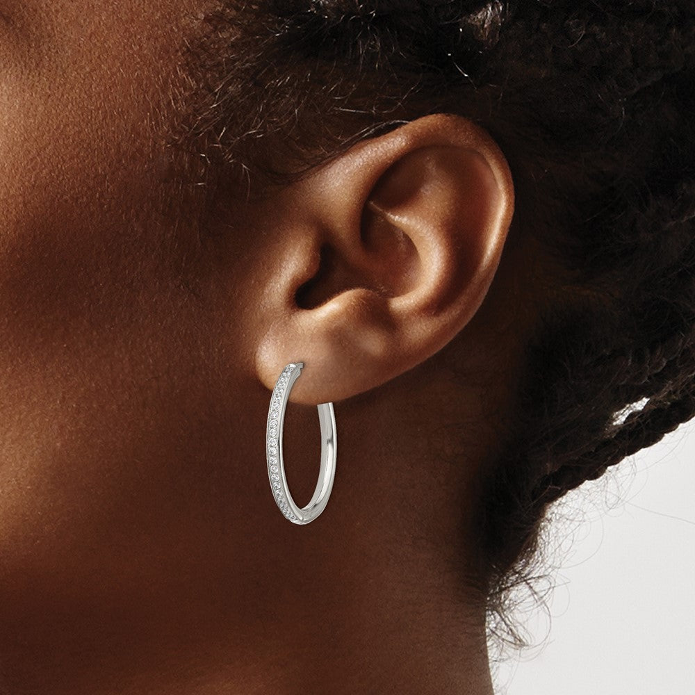 SRE1376 Chisel Stainless Steel Polished with CZ 2.5mm Hinged Hoop Earrings