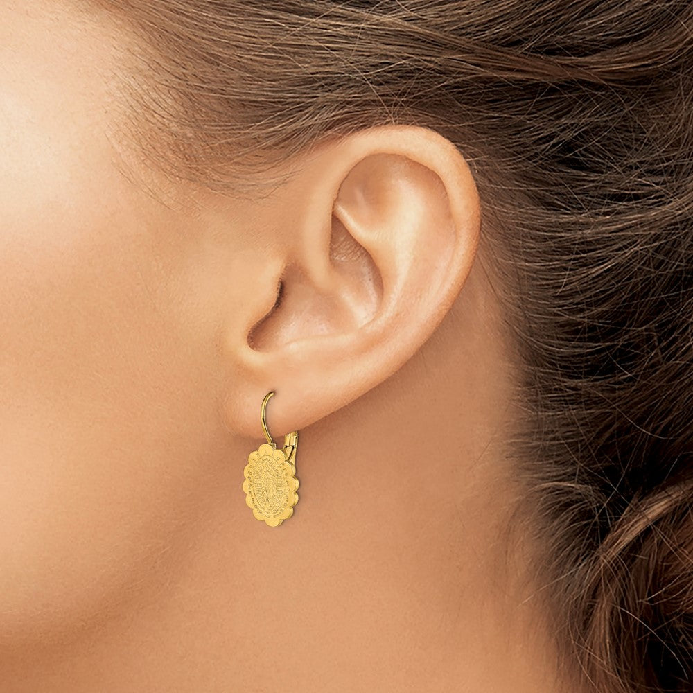SRE1385 Chisel Stainless Steel Polished Yellow IP-plated Etched Our Lady of Guadalupe Omega Back Earrings