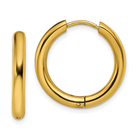 SRE1476 Chisel Stainless Steel Polished Yellow IP-plated 3mm Hinged Hoop Earrings