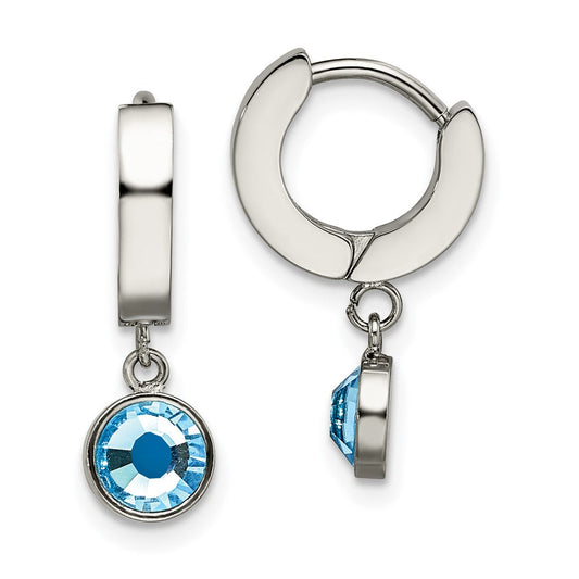 SRE1527 Chisel Stainless Steel Polished with Blue Preciosa Crystal Dangle Hinged Hoop Earring