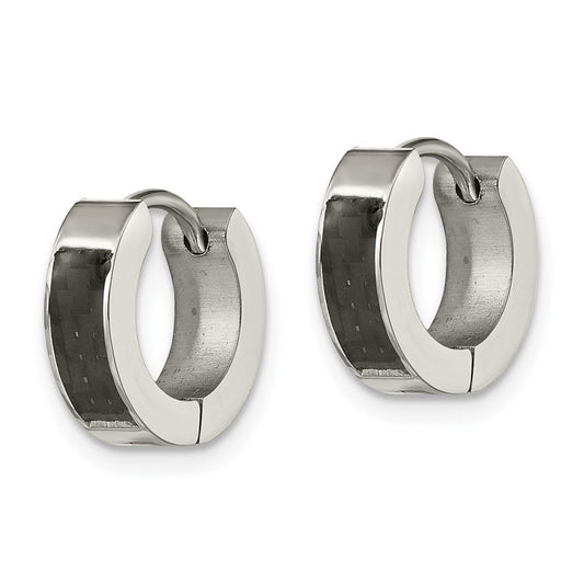 SRE1531 Chisel Stainless Steel Polished with Carbon Fiber Inlay 4mm Hinged Hoop Earrings