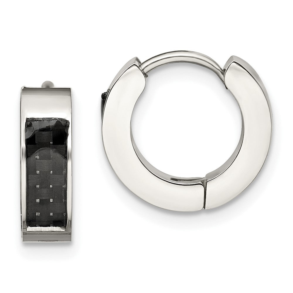 SRE1531 Chisel Stainless Steel Polished with Carbon Fiber Inlay 4mm Hinged Hoop Earrings